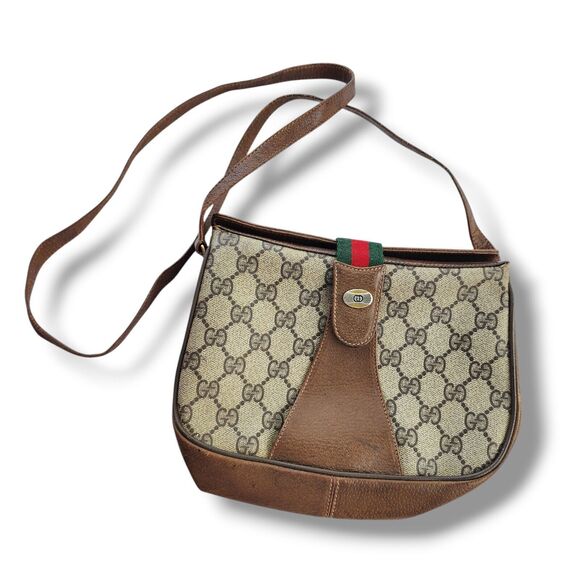 VINTAGE Gucci Ophidia GG Web Coated Canvas Clutch Tan Red Green Stripe Leather - Picture 1 of 13